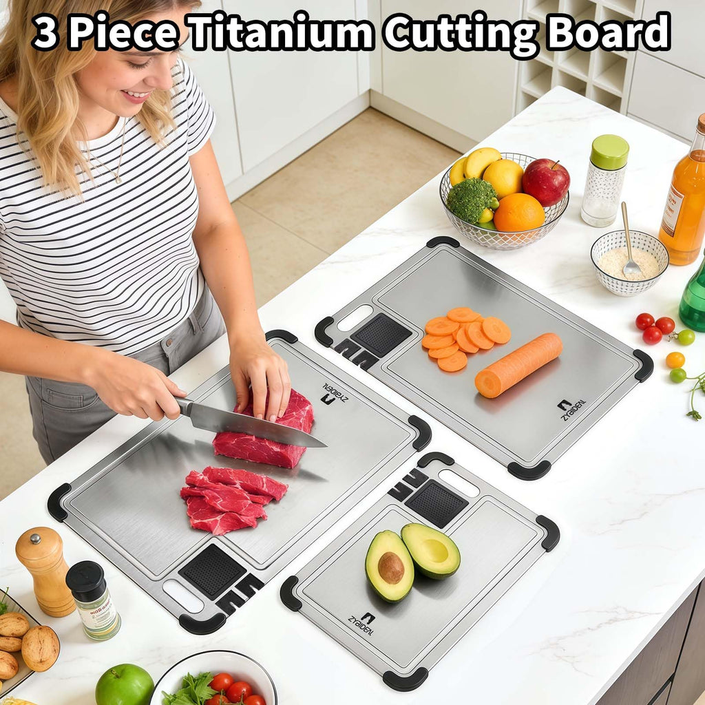 ZYBIDEAL 3 Pieces Pure Titanium Cutting Board, Sharpener with Juice Grooves
