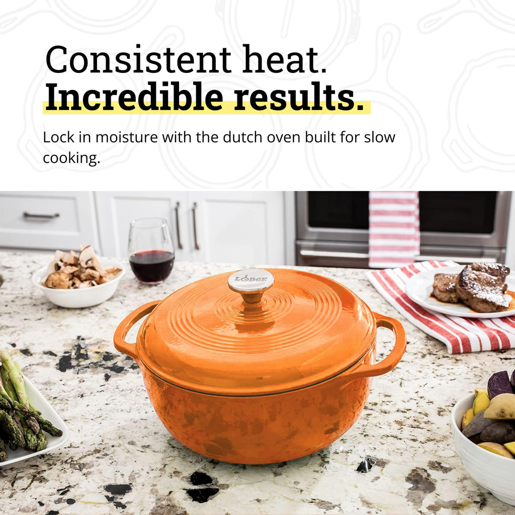 Lodge Essential Enamel Cast Iron Dutch Oven 6 Quarts - Perfect for Bread Baking, Braising, Marinating & Slow Cooking, Features Moisture-Sealing Lid & Dual Handles, Kitchen Essentials, Midnight Chrome