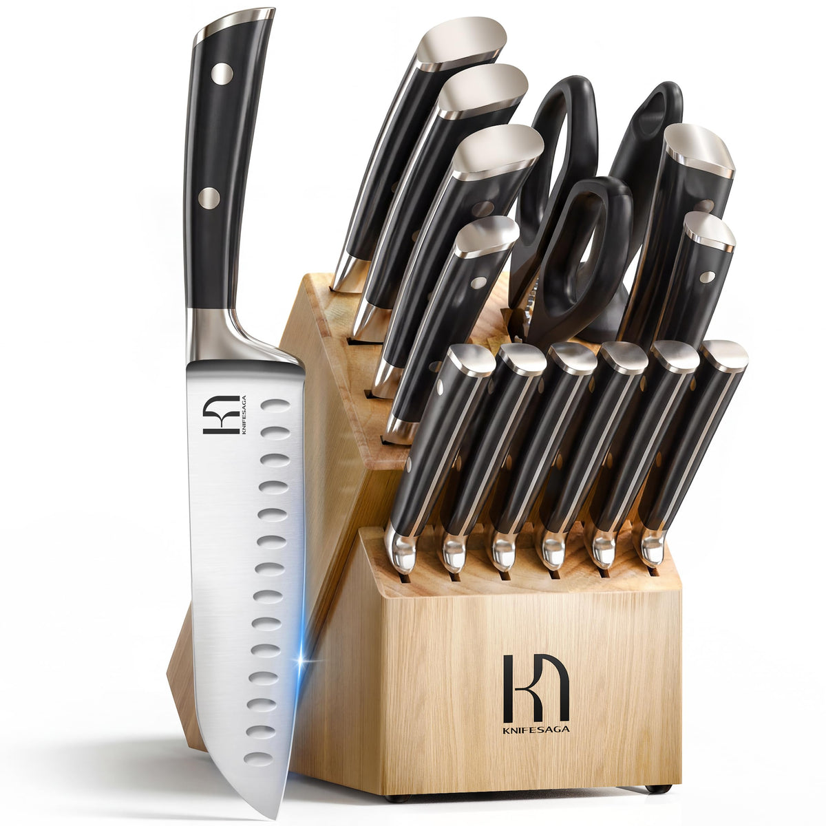 Knife Set, Premium 15 Piece Japanese High Carbon Stainless Steel Knives Set for Kitchen with Block and Sharpener, Razor Sharp Kitchen Knife Block Sets with Ergonomic Full-tang Handle