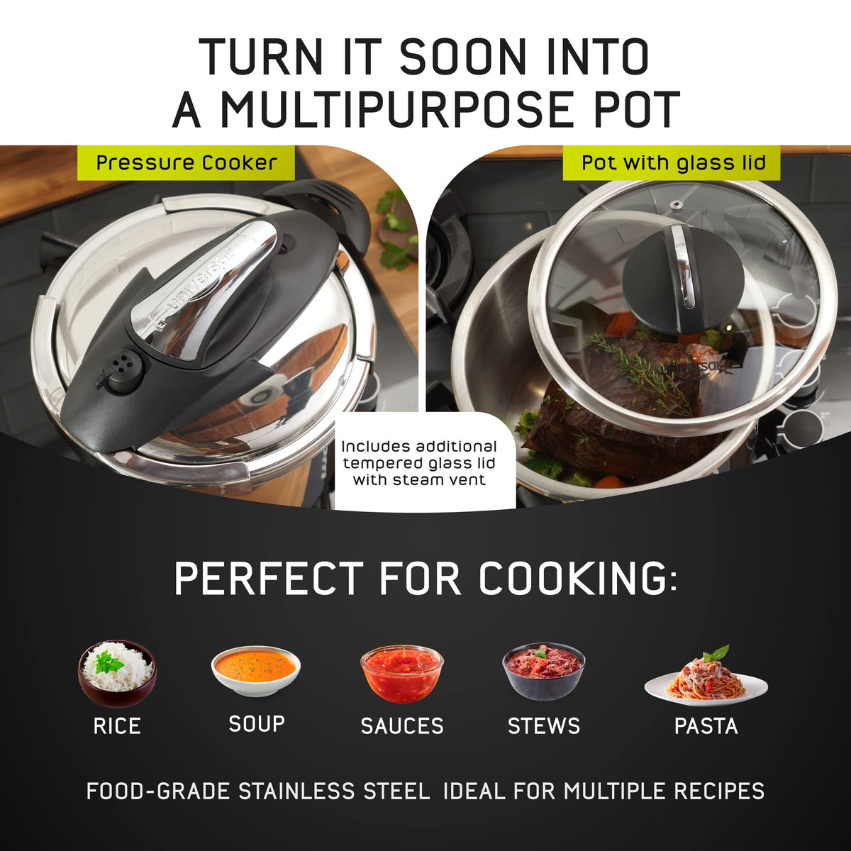 Universal Stainless Steel Pressure Cooker with Glass Lid
