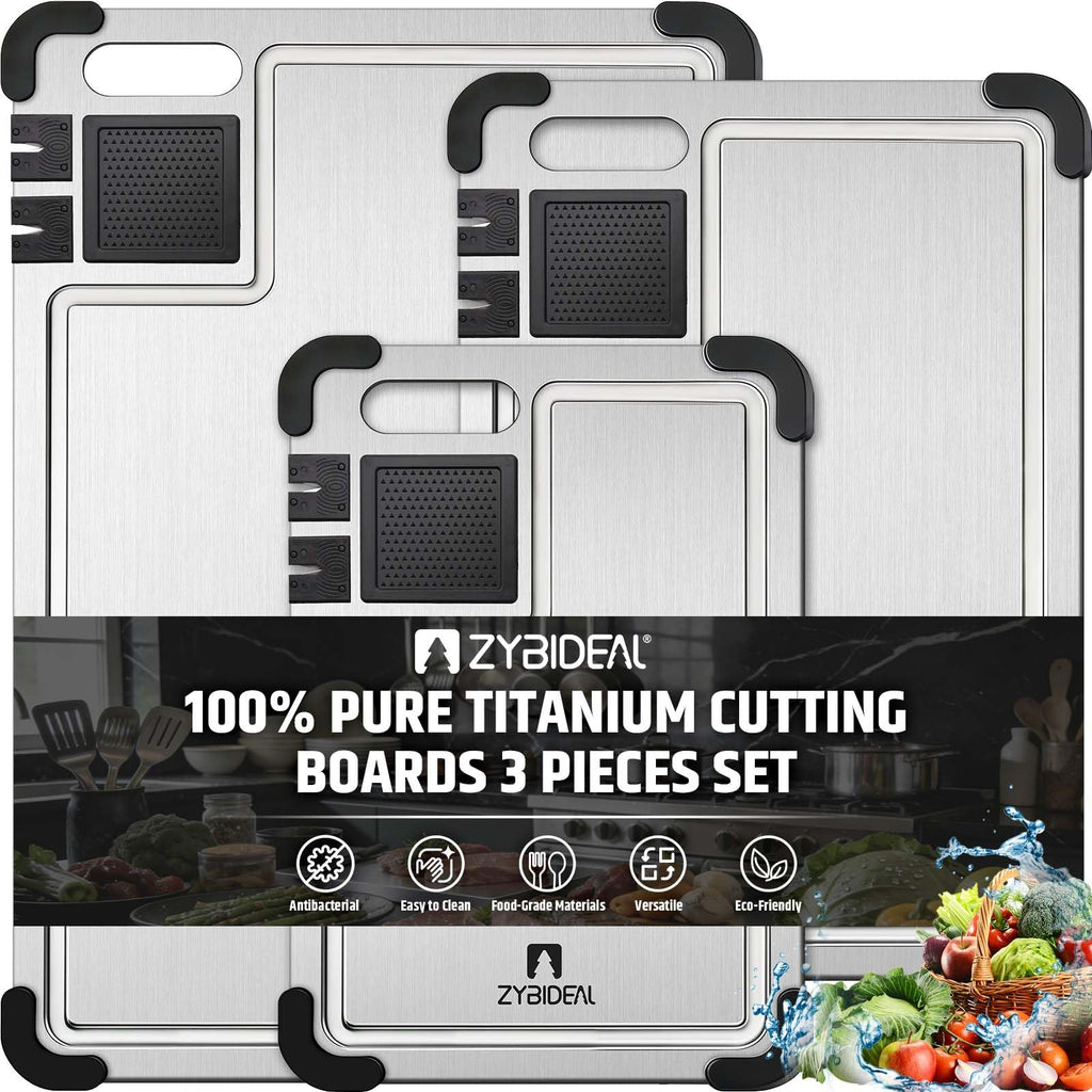 ZYBIDEAL 3 Pieces Pure Titanium Cutting Board, Sharpener with Juice Grooves