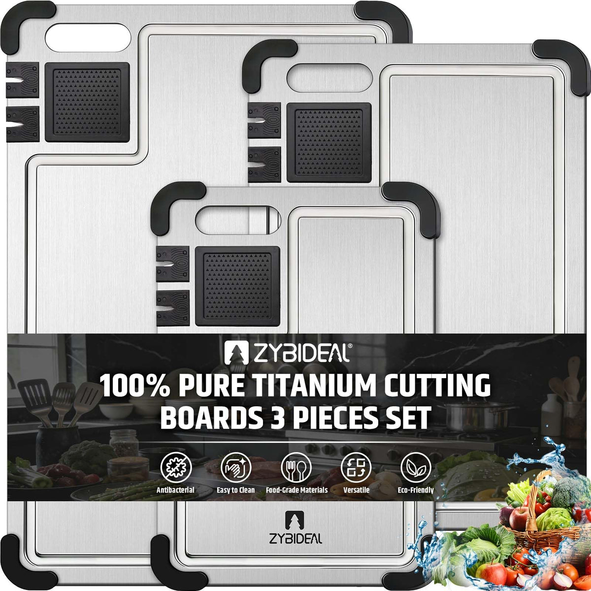 ZYBIDEAL 3 Pieces Pure Titanium Cutting Board, Sharpener with Juice Grooves