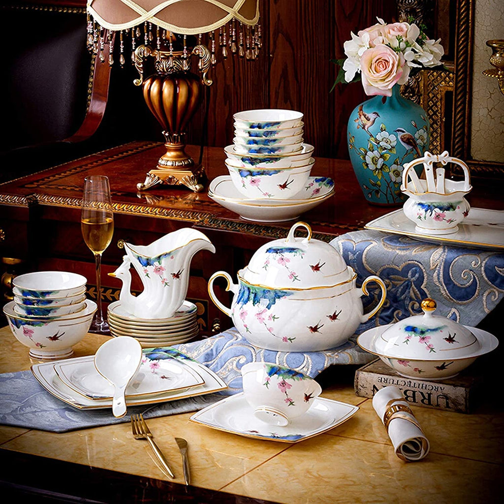 EAGLCQA Ceramics Dinner Set, Soup Pot/Plate/Bowl Combination Set | 50 Pieces High-Grade Bone China Porcelain Dinnerware Sets for Wedding Gifts