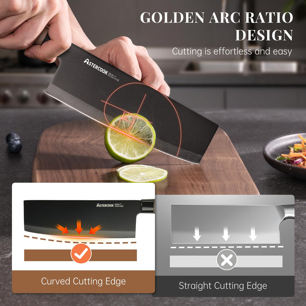 Astercook Knife Set, 6-Piece Kitchen Knife Set with Block, High Carbon Stainless Steel Ultra Sharp Kitchen Knives, Wood Grain Handle, Dishwasher Safe Knife Block Set, Black